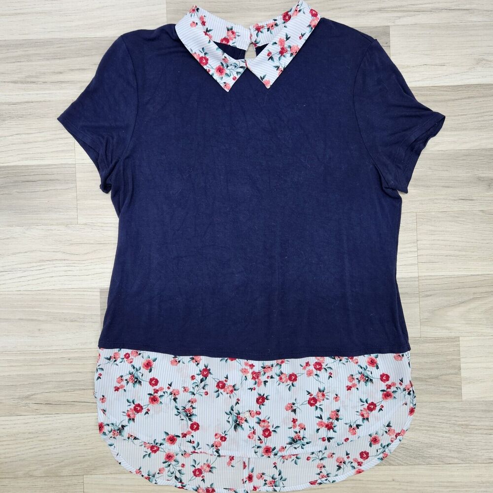 ELLE Womens Blue Rose Collar Trim Blouse Shirt Small